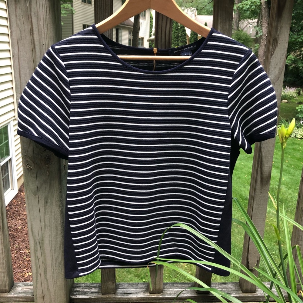 Navy Striped Top w Side Panel and Gold Zipper-L